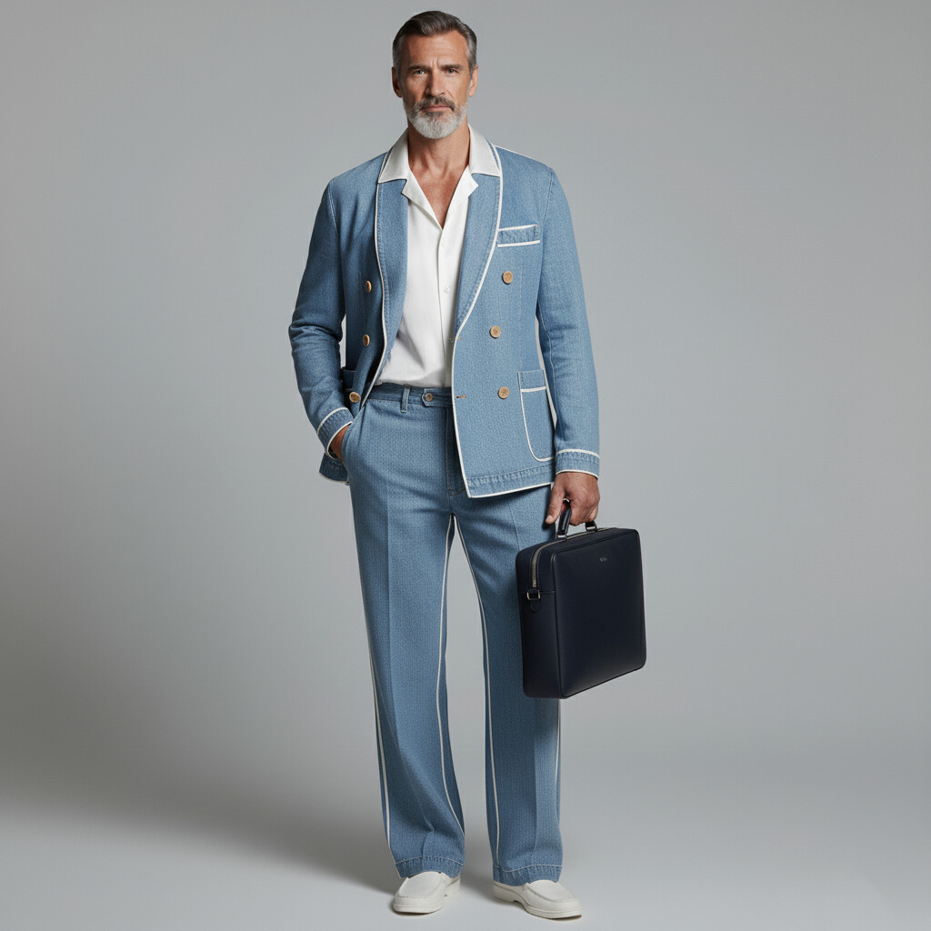 Men's Light Blue Contrast Binding Double Breasted Blazer & Pocket Jeans 2Pcs Set