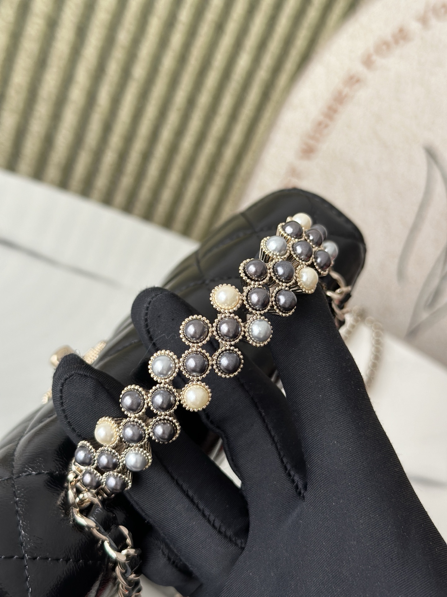 26C Black Shiny Calfskin Quilted Wallet On Chain (WOC) with Imitation Pearl & Crystal Handle - Mocuir