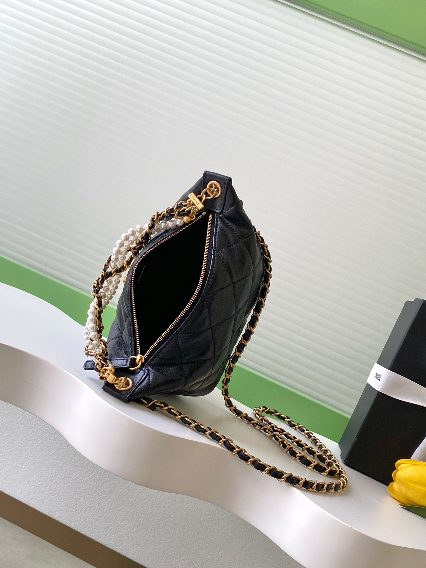 Quilted Lambskin Hobo Bag with Pearl Chain in Black (Gold Hardware) - Mocuir