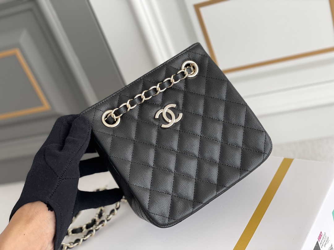 23P Mini Bucket Tote Bag in Black Quilted Grained Calfskin (Caviar) with Silver-Tone Hardware (Model AS3176) - Mocuir