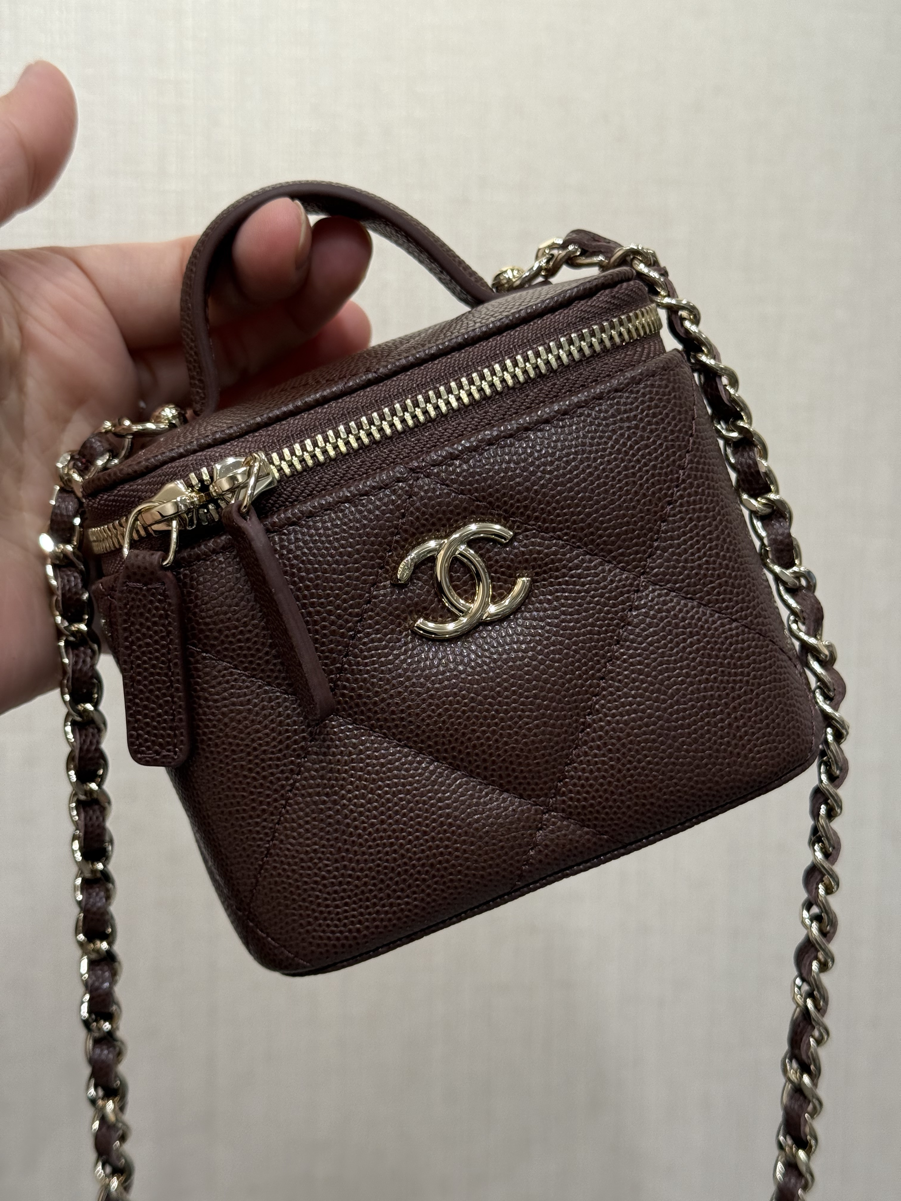 Mini Top Handle Vanity Case (AS5993) in Dark Brown Quilted Grained Calfskin (Caviar) with Antique Gold-Tone Hardware - Mocuir