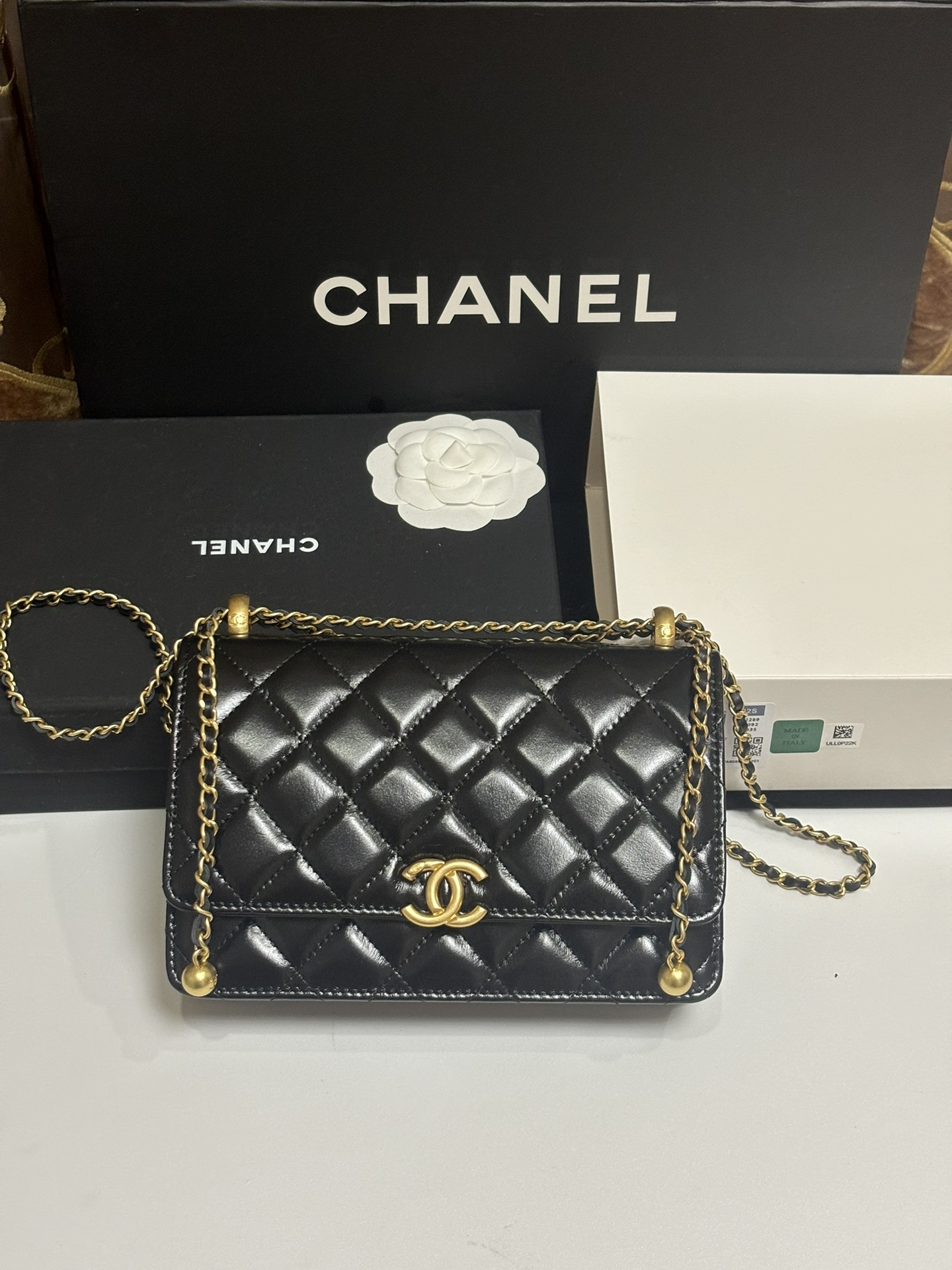 Classic Quilted Lambskin Wallet on Chain with Gold Ball in Black (Gold Hardware) - Mocuir