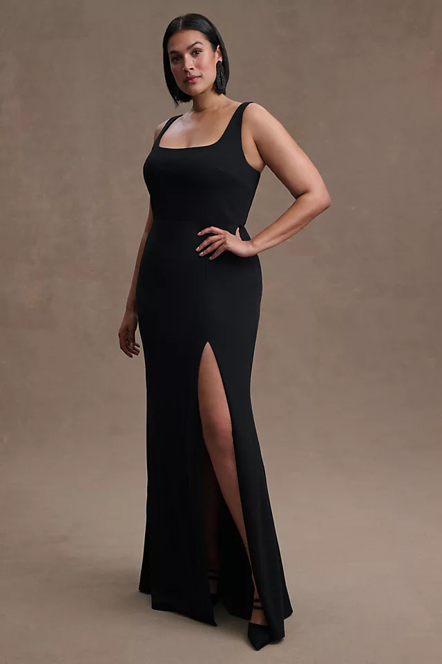 Stylish Square-Neck Crepe Side-Slit Gown BLACK