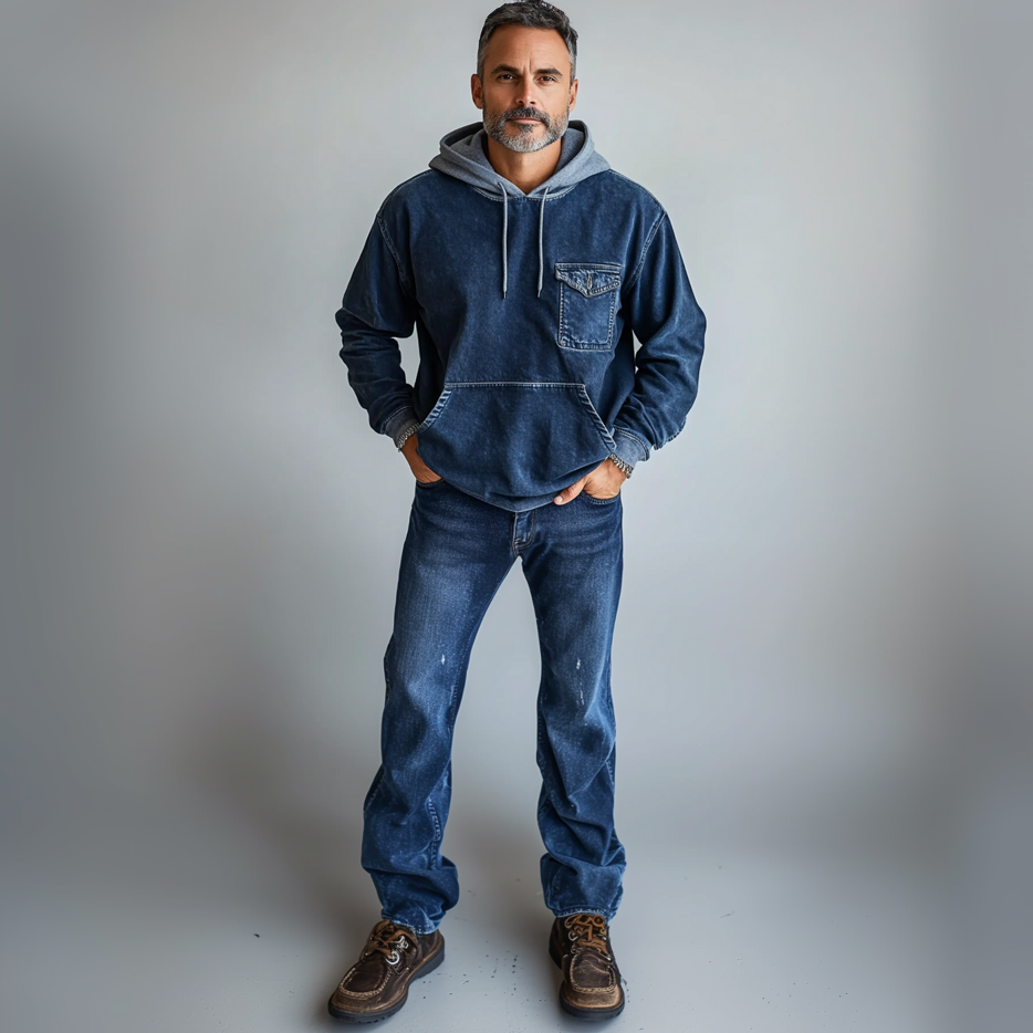 Men's Casual Flap Pocket Drawstring Denim Hoodie