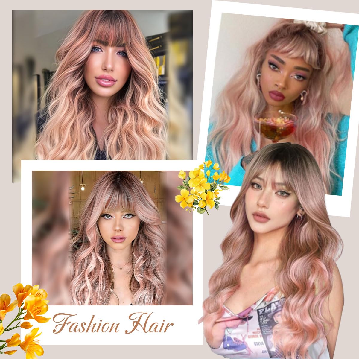 Pink Blonde Wig with Bangs 26 Inch Long Curly Wavy Wigs for Women Begineer-friendly Synthetic Wig for Daily Party Holiday Use