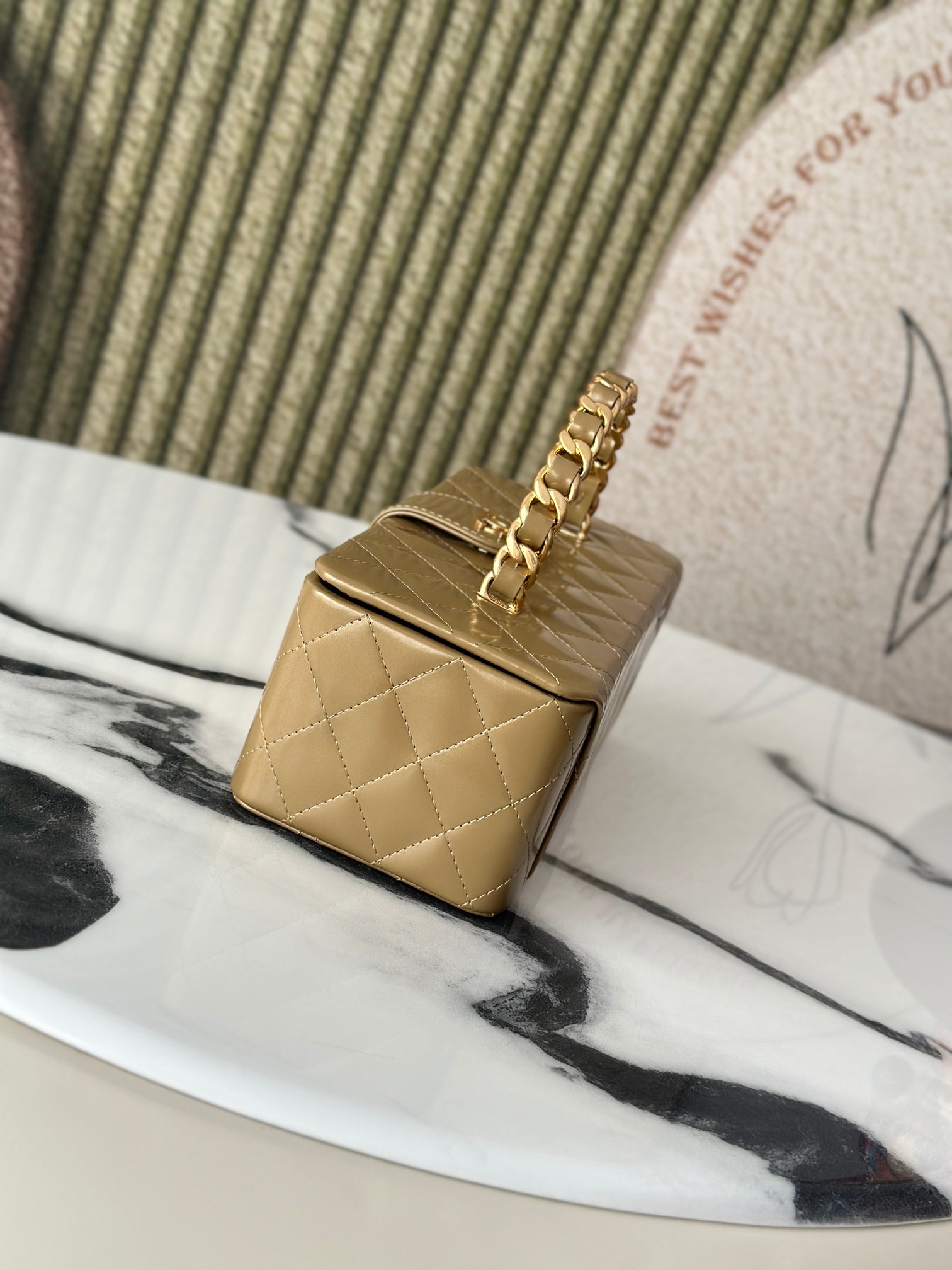 Quilted Patent Leather Long Vanity Case Bag with Chain Handle, Gold Hardware (Model AP5212) - Mocuir