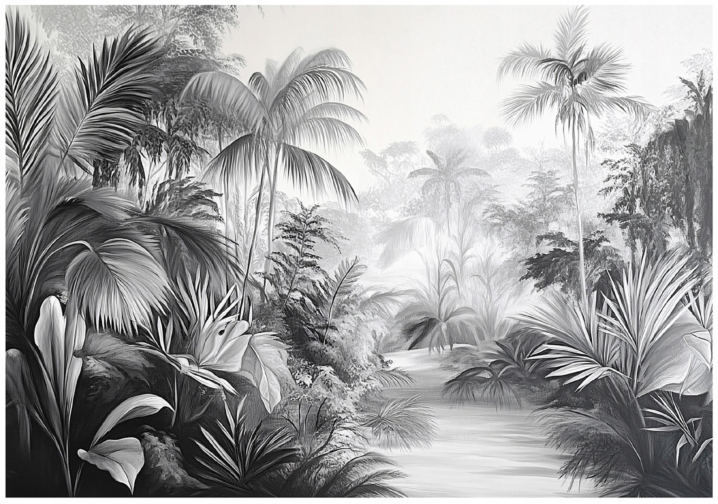Black-and-white jungle wall mural for the bedroom or living room, non-woven wallpaper