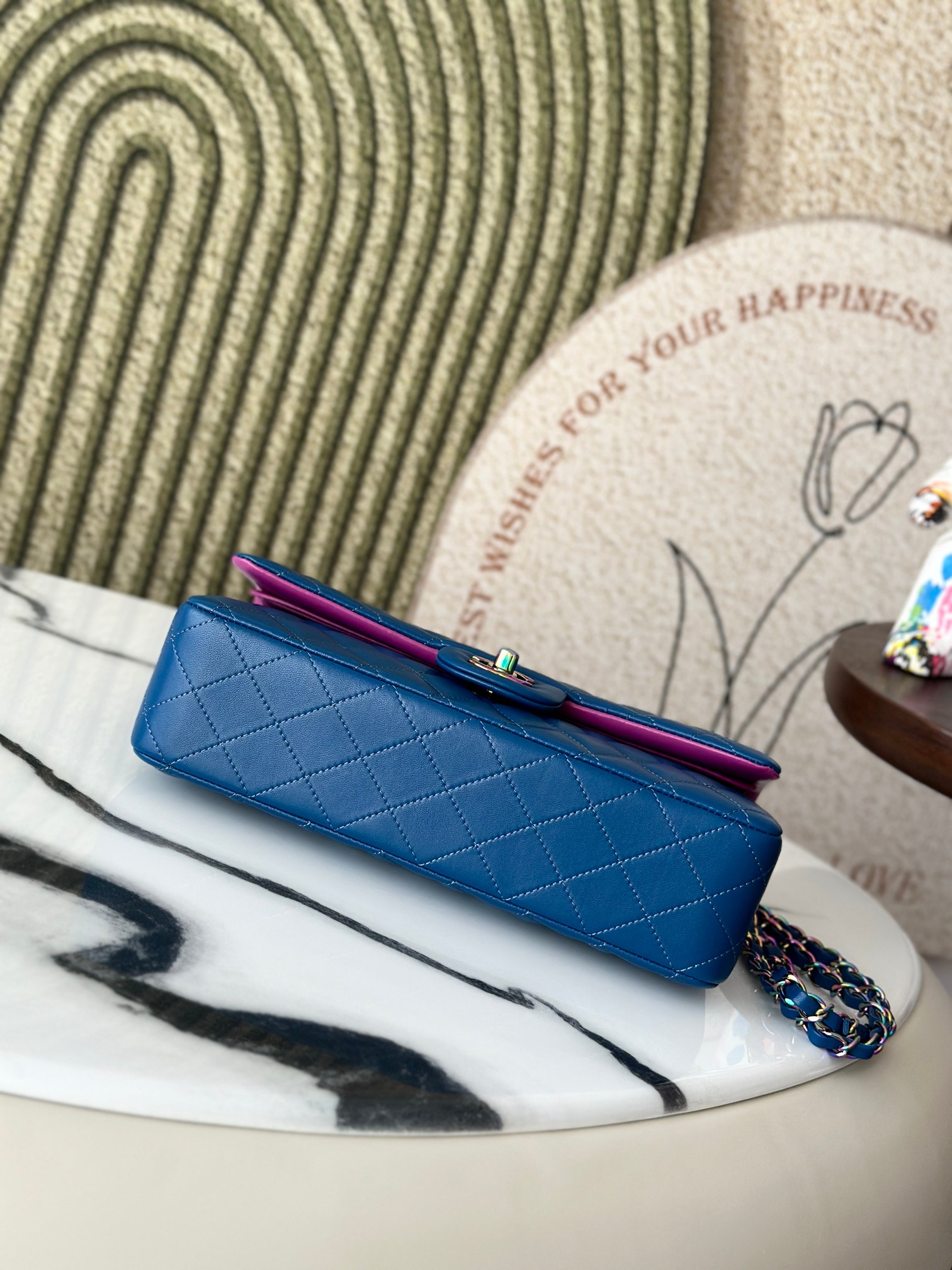 Classic Flap Medium Bag in Electric Blue Lambskin with Iridescent Rainbow Hardware (Model A01112) - Mocuir