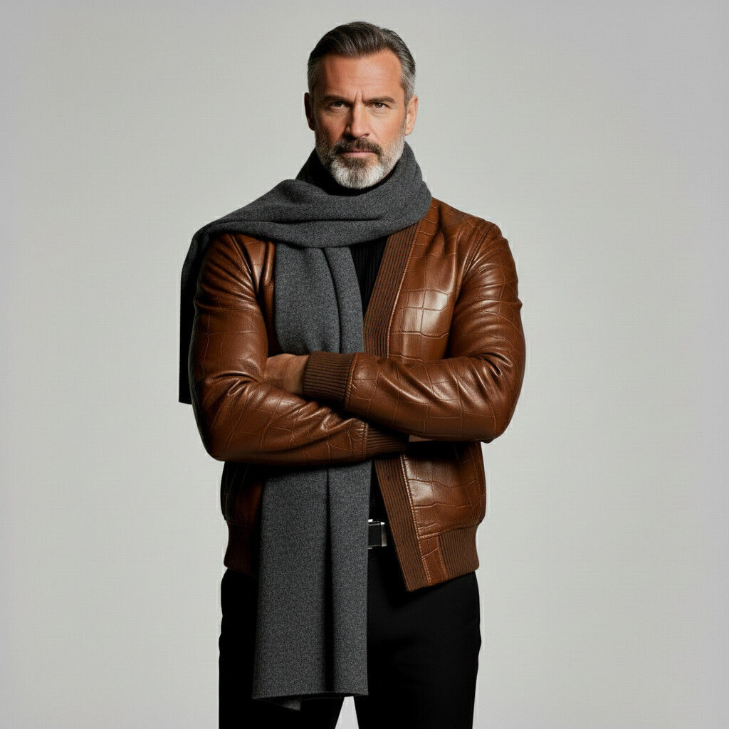 Men's Fashion Crocodile Pattern PU Leather Brown V Neck Long Sleeve Jackets