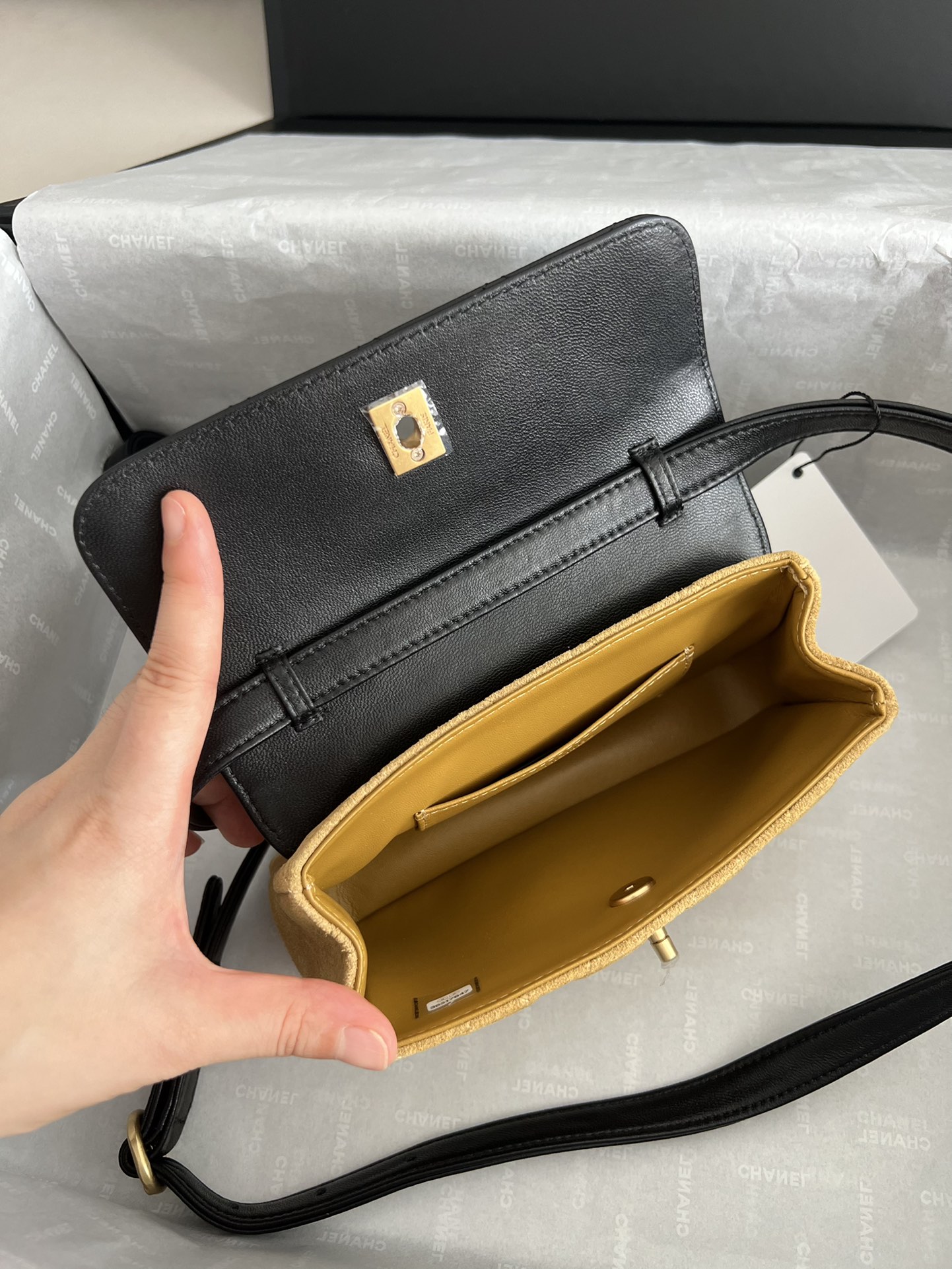 25A Lambskin & Suede Quilted Flap Bag in Black & Camel with Gold-Tone Hardware - Mocuir