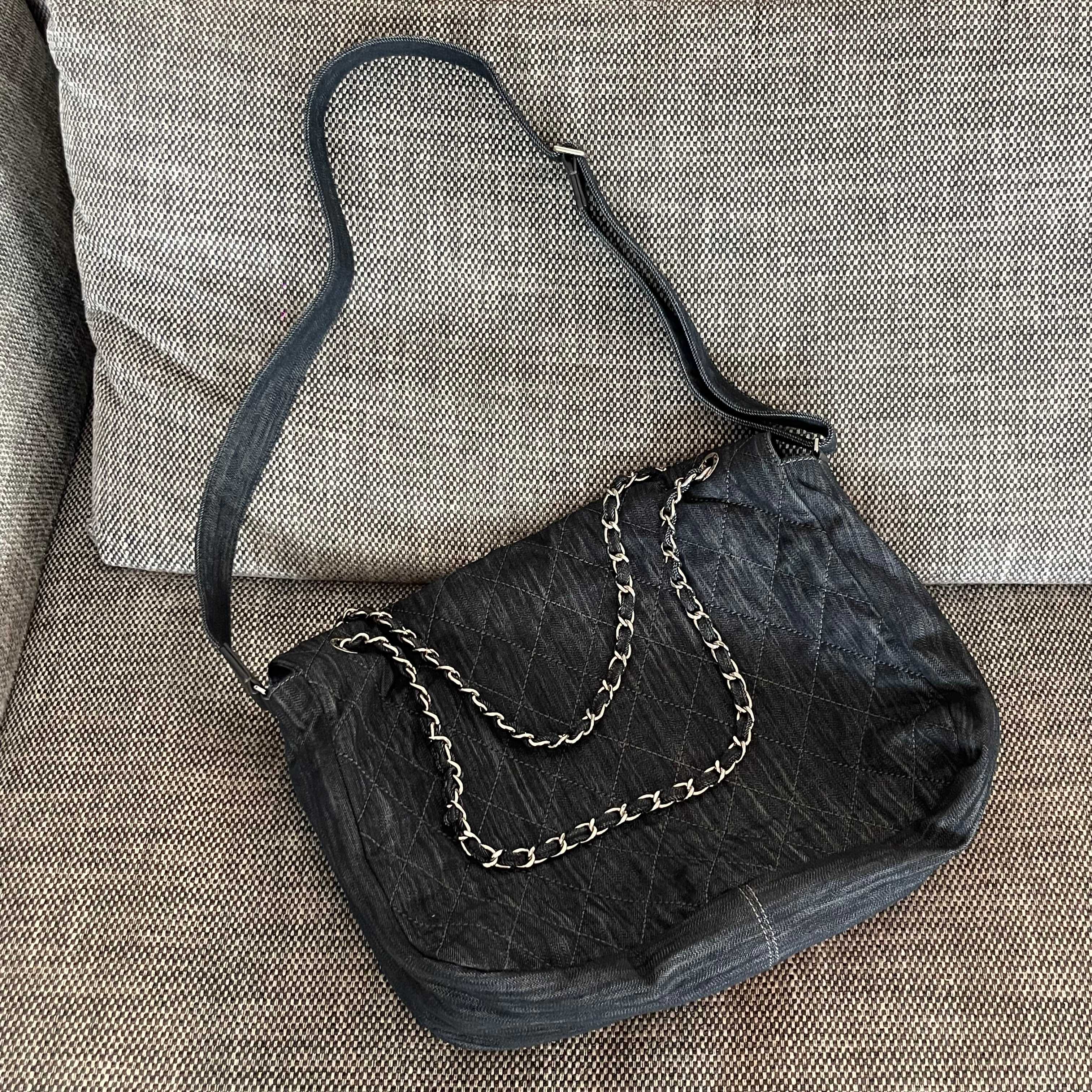 Vintage Hobo Dark Blue Denim Quilted Tote Bag with Silver-Tone Hardware - Mocuir