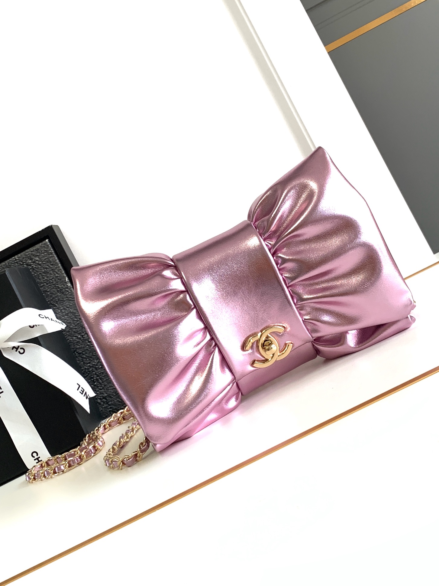 24B Bow Bag Evening Clutch with Chain in Metallic Pink Shiny Lambskin with Light Gold-Tone Hardware - Mocuir
