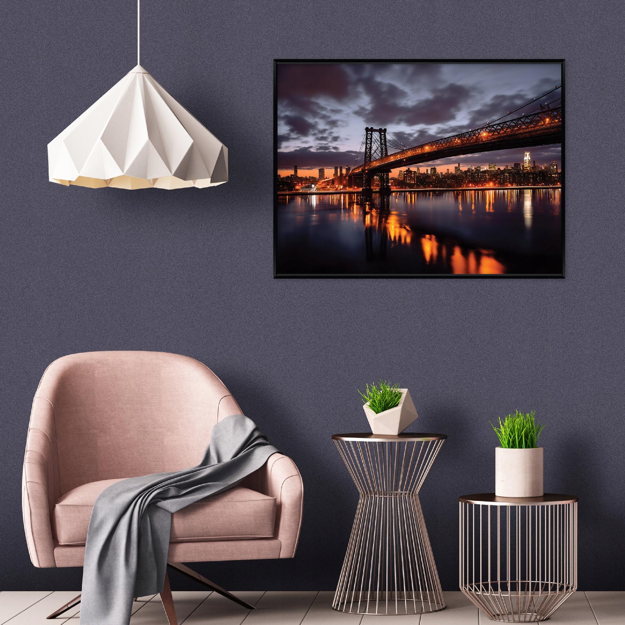 Black-framed canvas painting of a bridge, city at night, living room, bedroom, 40x30