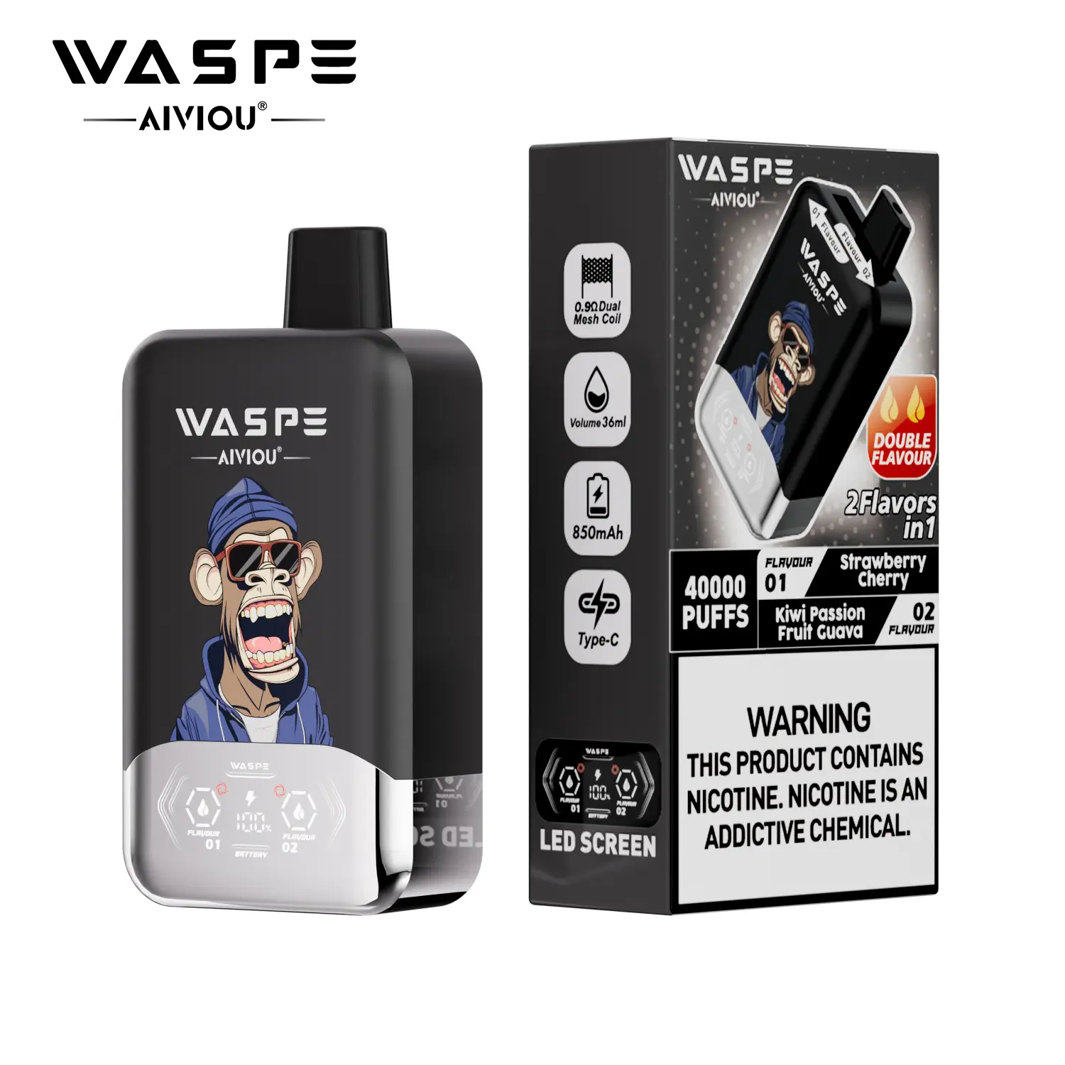 （3 pieces）WASPE 40000 40K Puffs Double Taste LCD Display Disposable Vape