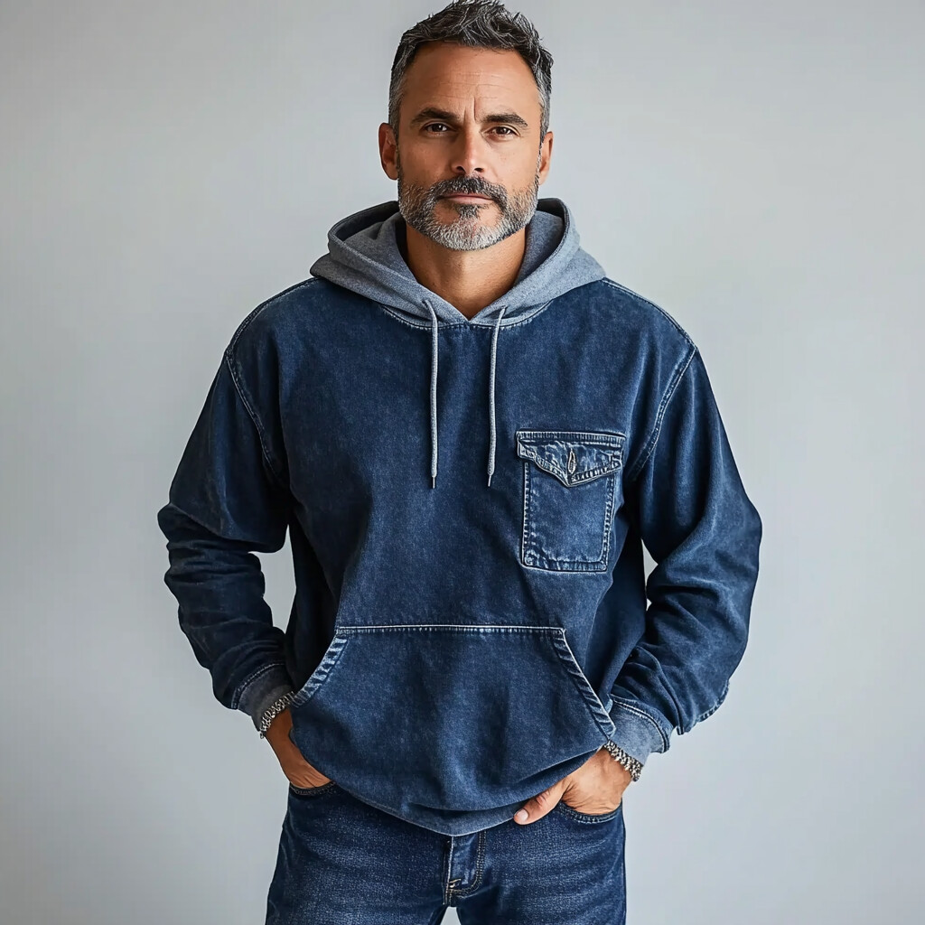 Men's Casual Flap Pocket Drawstring Denim Hoodie