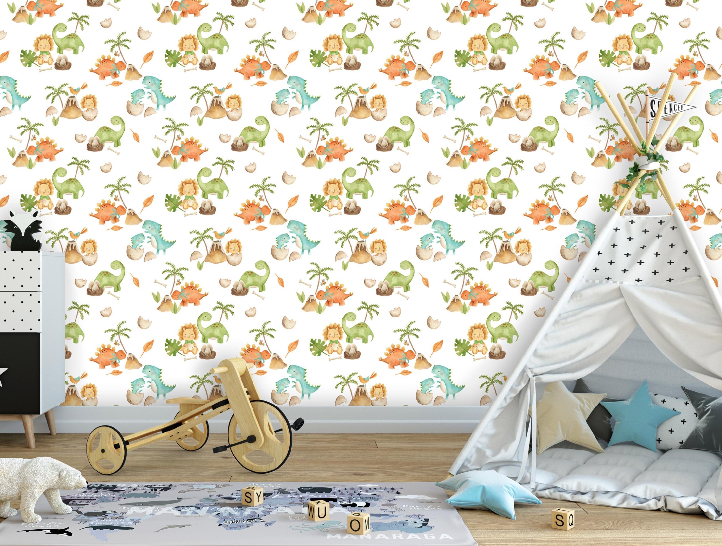 Non-woven wallpaper for children's rooms, featuring dinosaurs