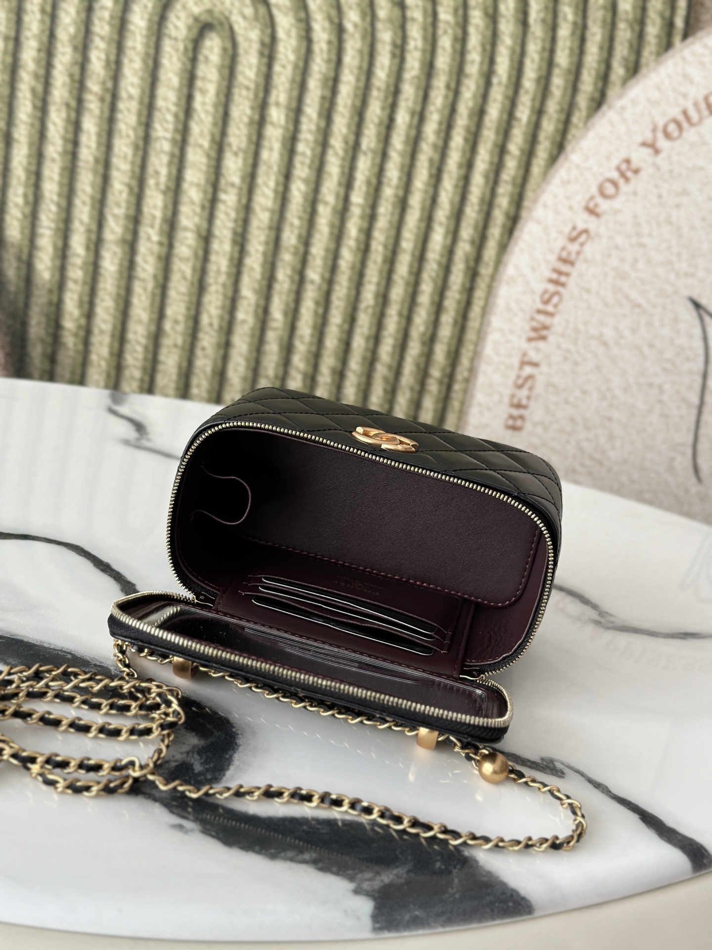 Mini Rectangular Vanity Case with Chain in Black Quilted Lambskin with Gold-Tone Hardware - Mocuir