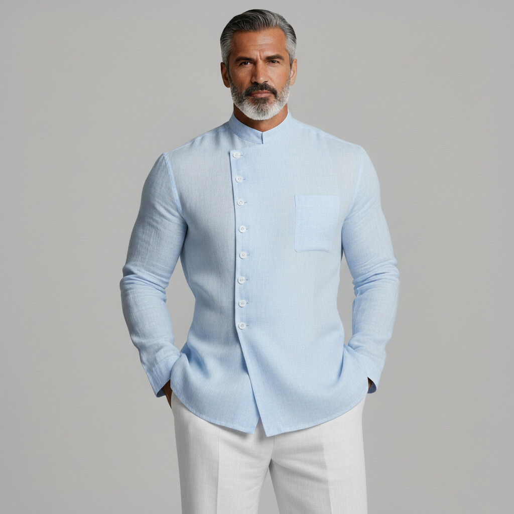 Men's Cool Blue Stand Collar Patch Pocket Slanted Placket Long Sleeve Linen Shirt