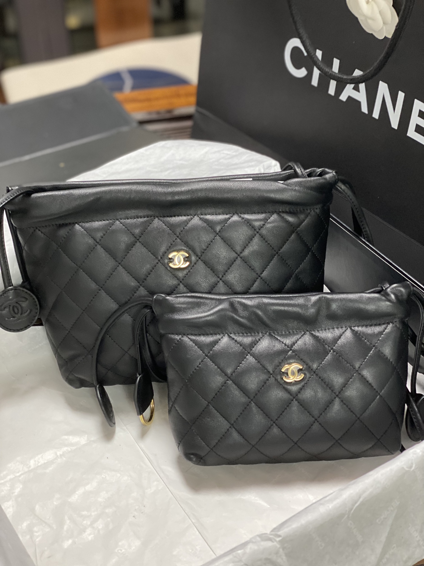26C Black Quilted Lambskin Drawstring Bucket Bags with Gold Hardware - Mocuir
