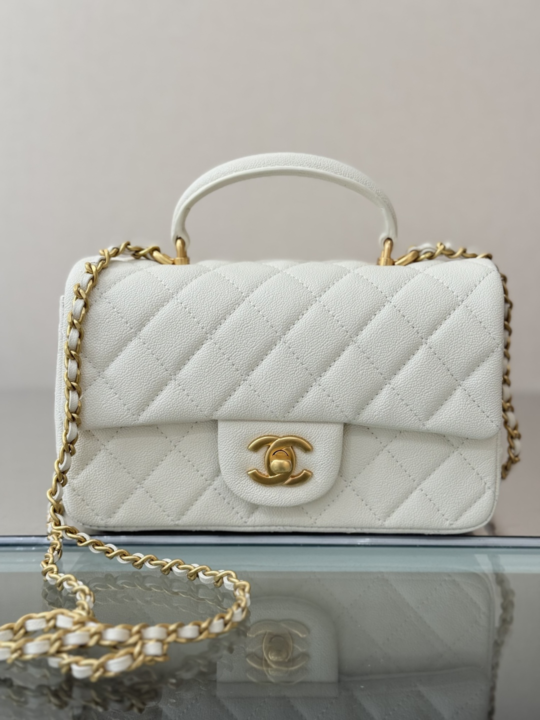 2025C CC Top Handle Small Bag (AS5265) in White Grained Calfskin with Antique Gold-Tone Hardware - Mocuir