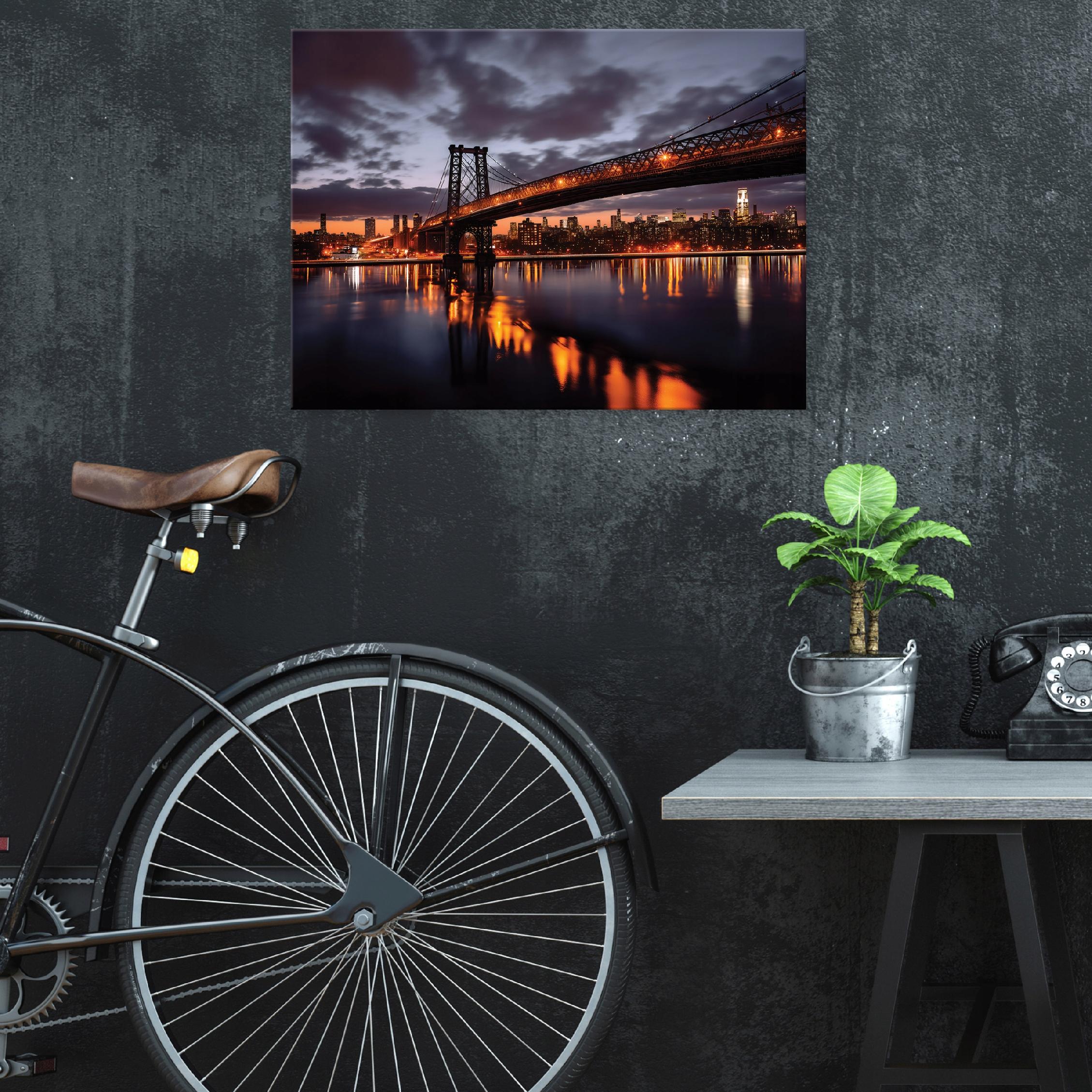 Painting of a bridge, city at night, river, clouds for bedroom or living room on canvas, 40x30
