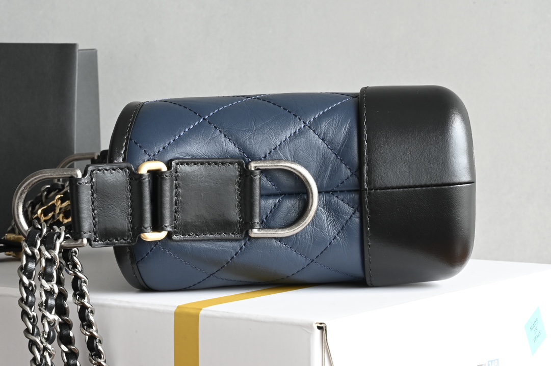 Small Gabrielle Hobo Bag in Navy Blue and Black Quilted Aged Calfskin with Gold-Tone and Silver-Tone Metal (Model A91810) - Mocuir