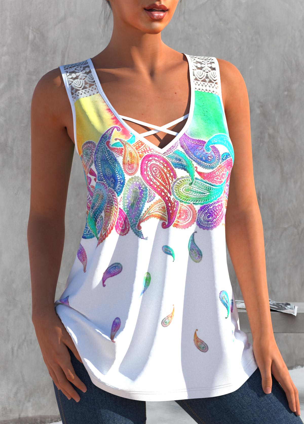 Lace Stitching White Cross Strap Tank Top