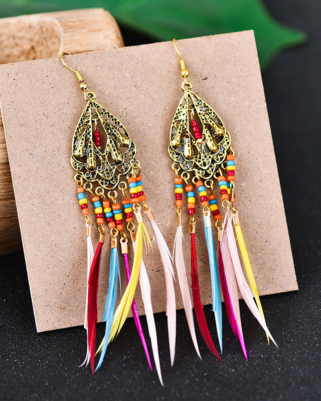 Retro Hollow Long Feather Earrings
