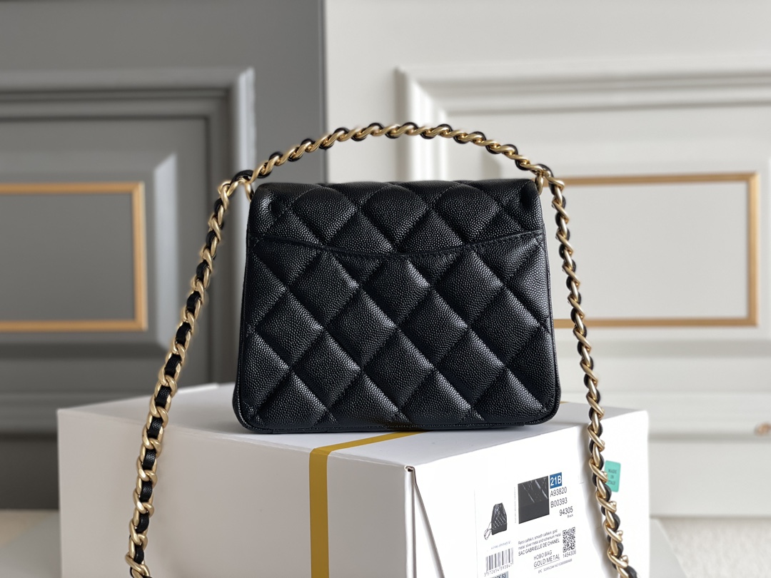 Classic Flap Mini Bag with Chain Handle in Black Quilted Grained Calfskin (Caviar) with Light Gold-Tone Hardware (Model AS5701) - Mocuir
