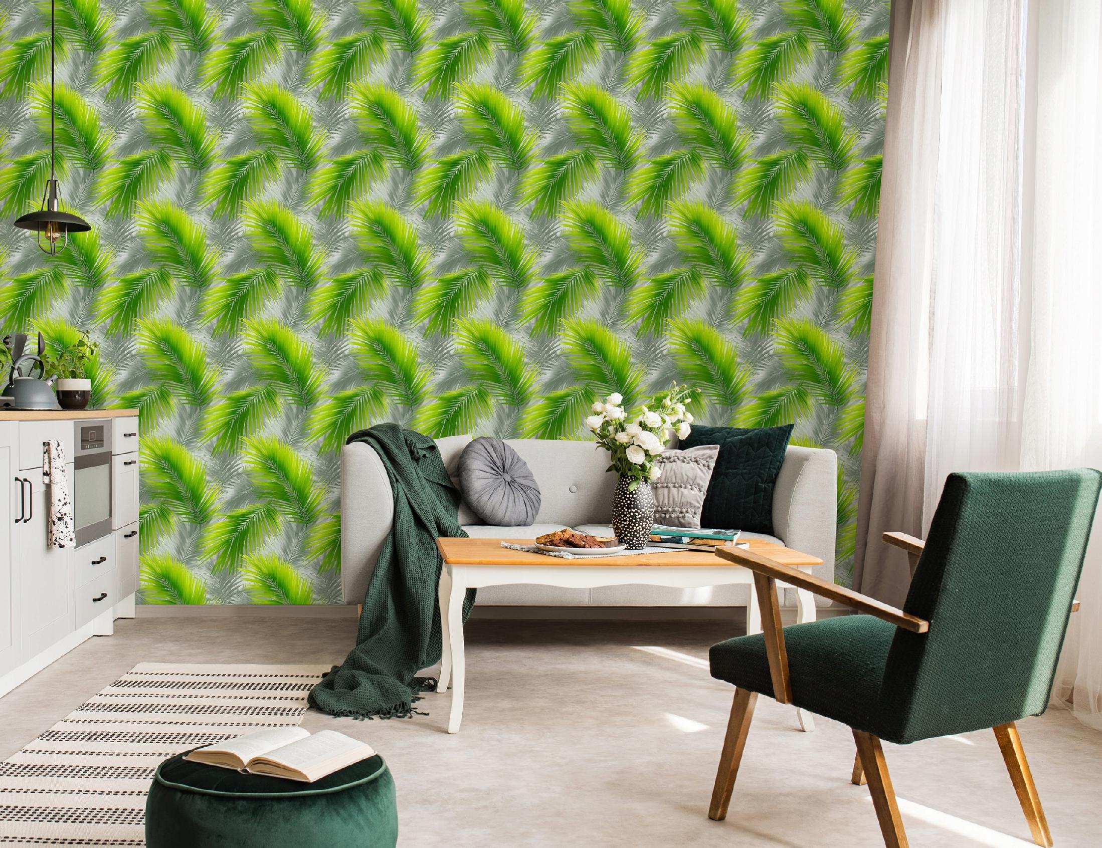 Tropical green leaf wallpaper on non-woven fabric for living room and bedroom walls