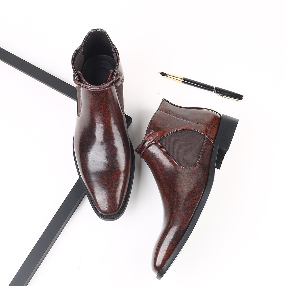 Men's Retro Dark Brown PU Patent Leather Lace-Up Elastic Strap Pointed Toe Ankle Boots