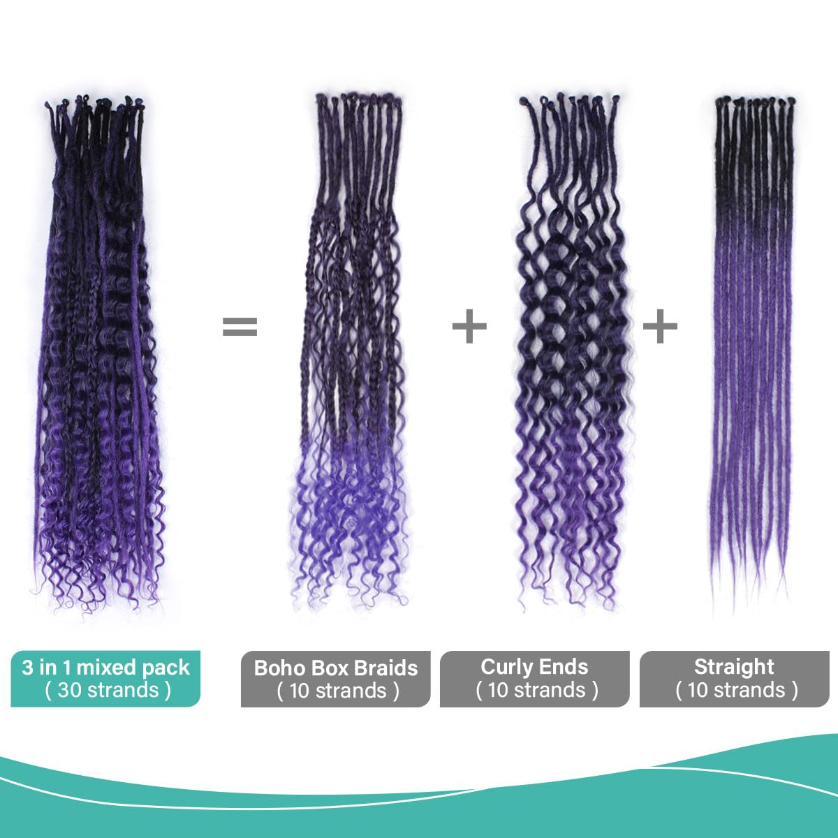 24 Inch 3 In 1 Dreadlock Extensions Sets, 30 Strands Mixed Ombre Purple Synthetic SE Dreads Extensions, 100% Handmade Soft Single Ended Curly Boho Wavy Dreads for Girls
