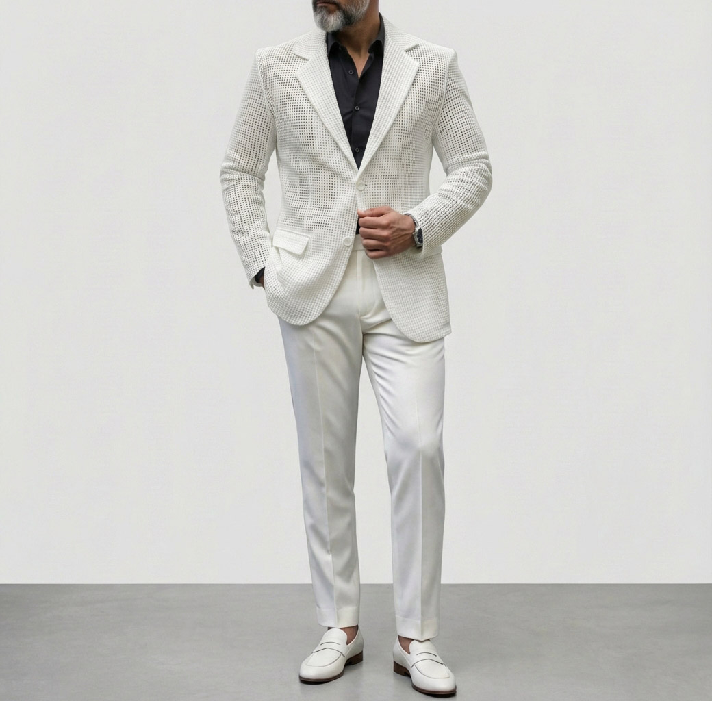 Men's White Hollow Out Notched Lapel Single Breasted Long Sleeve Blazer