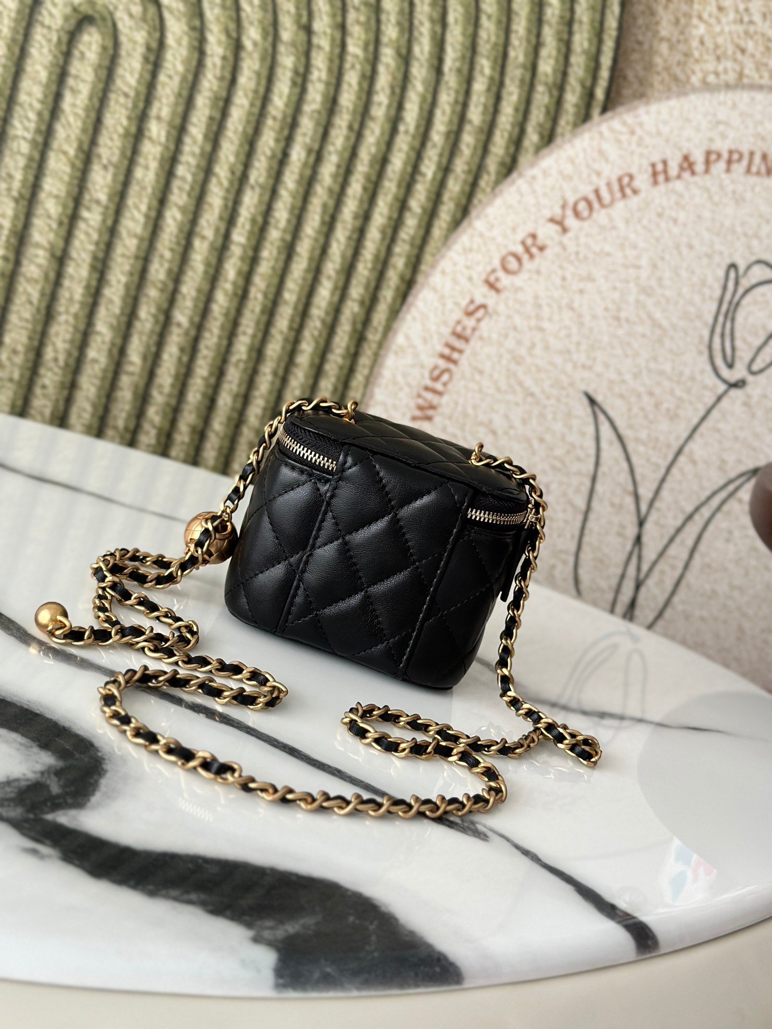 Mini Square Vanity Case with Adjustable Ball Chain in Black Quilted Lambskin with Gold-Tone Hardware - Mocuir