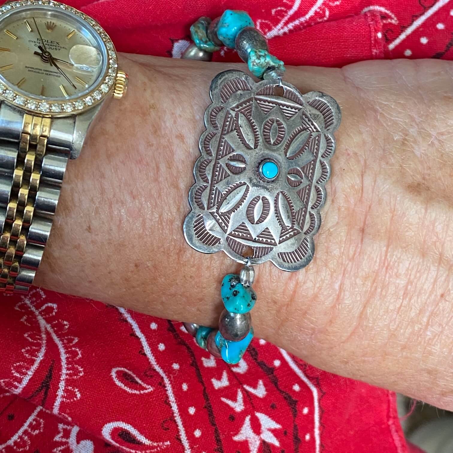 Vintage Turquoise Sterling Silver Bead Concho Bracelet