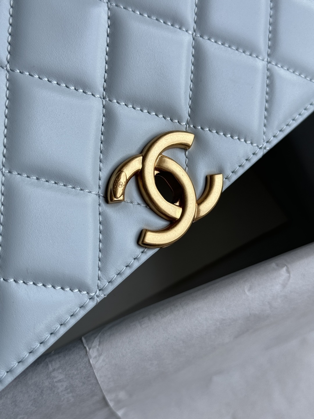 Wallet On Chain (WOC) with Double Gold Balls in Light Blue Quilted Shiny Caviar Leather with Antique Gold-Tone Hardware - Mocuir