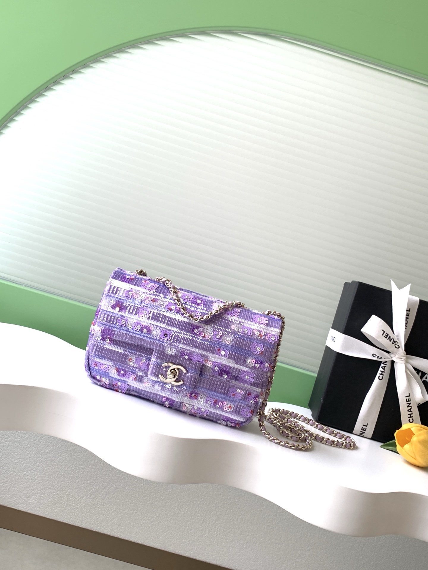 26C Classic Flap Mini Bag in Purple Sequin & Floral Embroidered Tweed with Light Gold-Tone Hardware - Mocuir