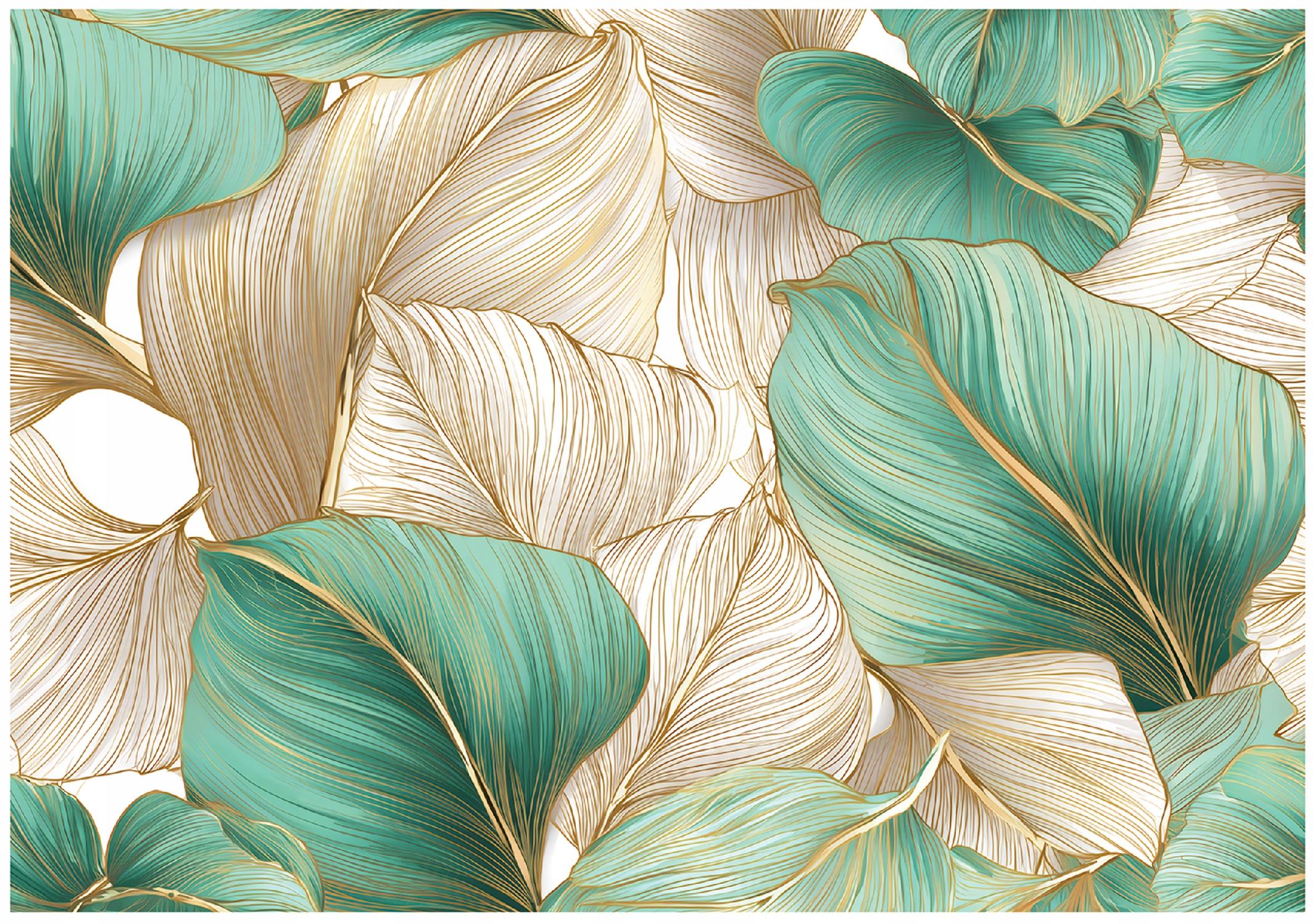 Art Deco gold leaves wall mural, bedroom, living room, non-woven wallpaper,