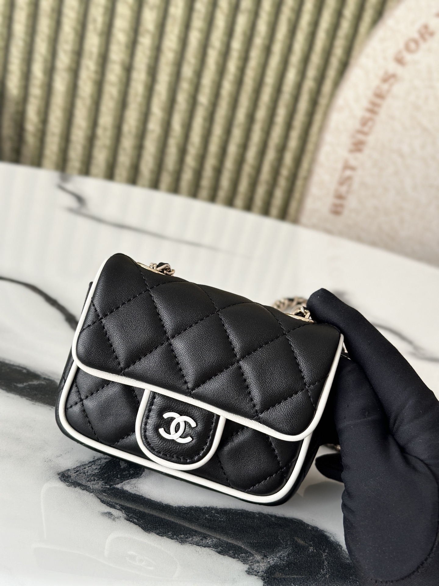 Mini Classic Flap in Black Quilted Lambskin with White Piping and SilverGold-Tone Hardware - Mocuir