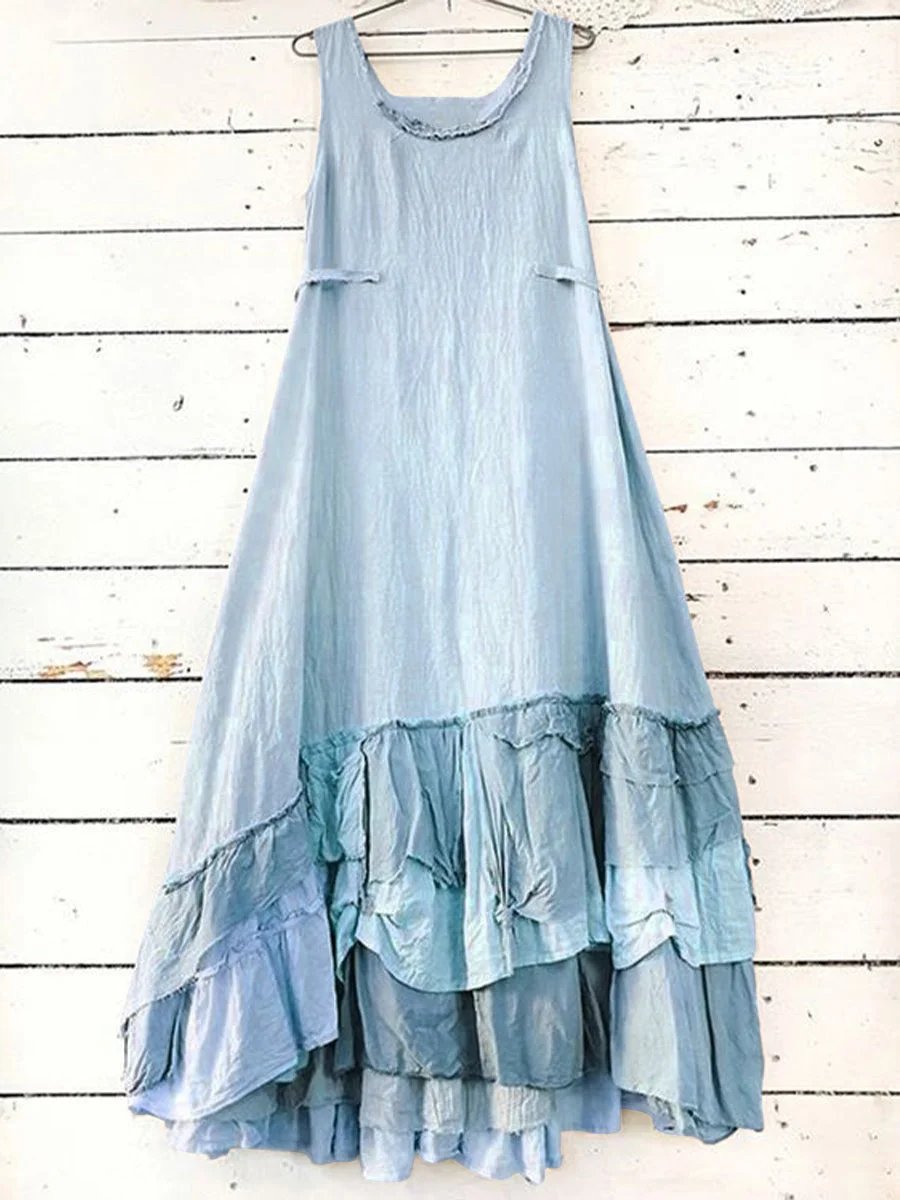 Round Neck Sleeveless Panel Ruffle A-Line Dress