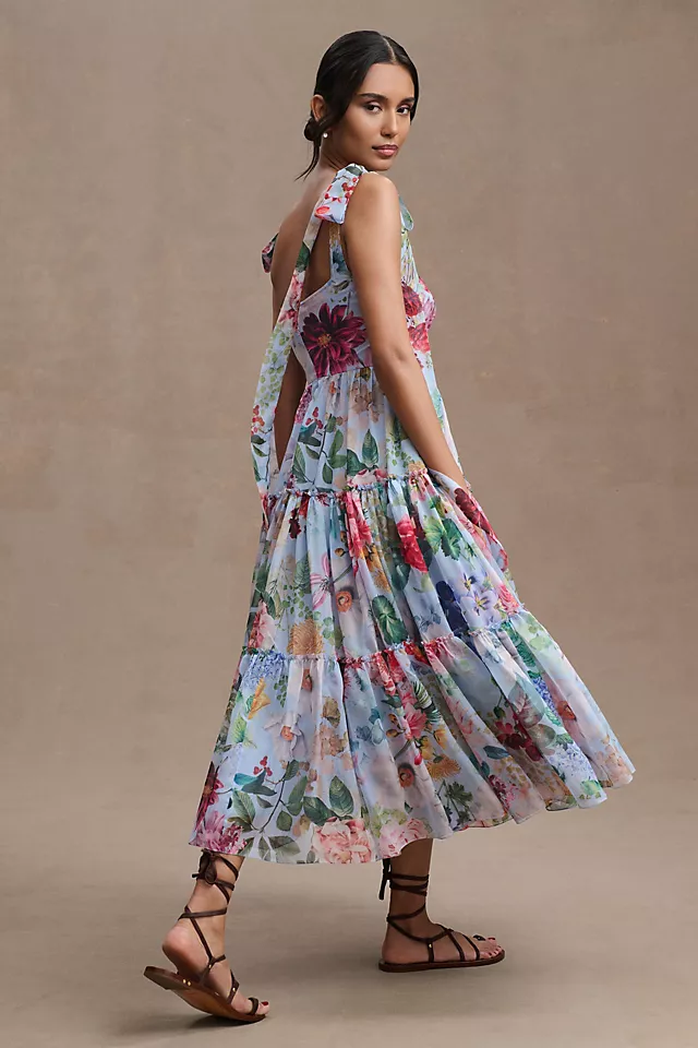 Trendy Tiered Square-Neck A-Line Midi Dress BLUE