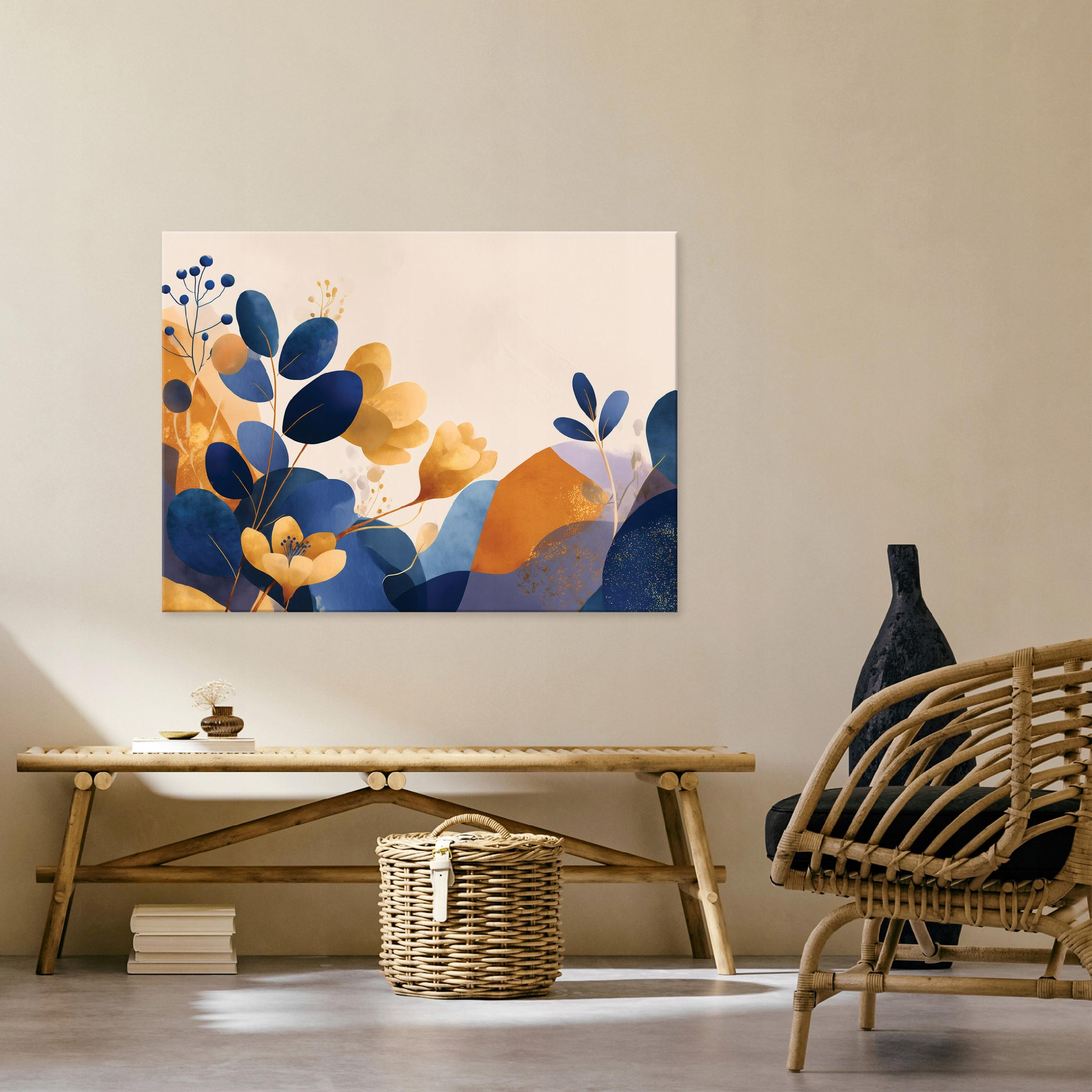 Abstract painting of leaves and flowers in gold for the bedroom or living room on canvas, 40x30