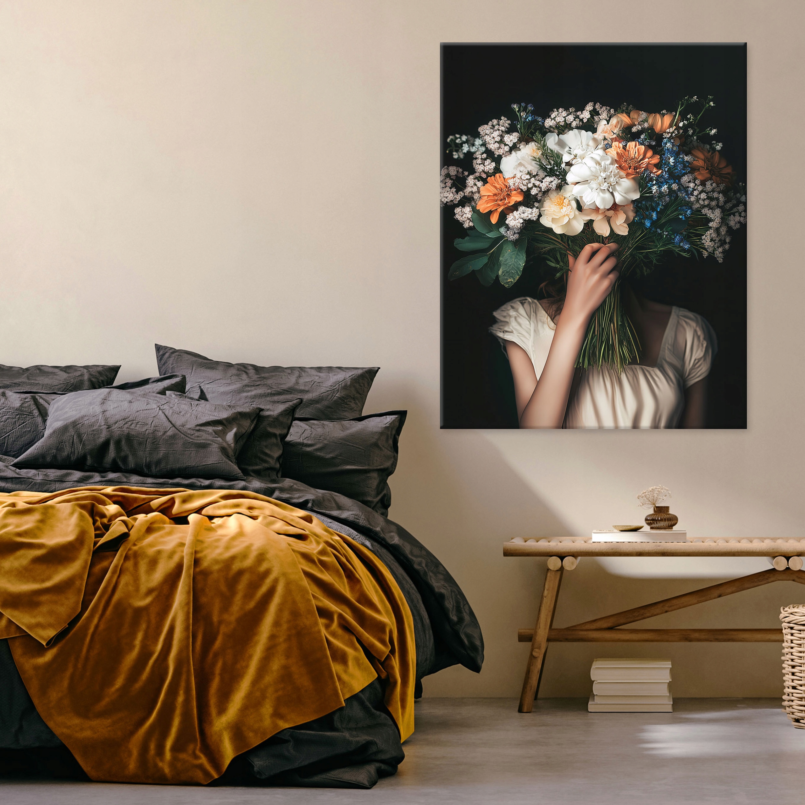 Vintage painting of a woman and flowers for the bedroom, living room, or kitchen, on canvas (40x30)