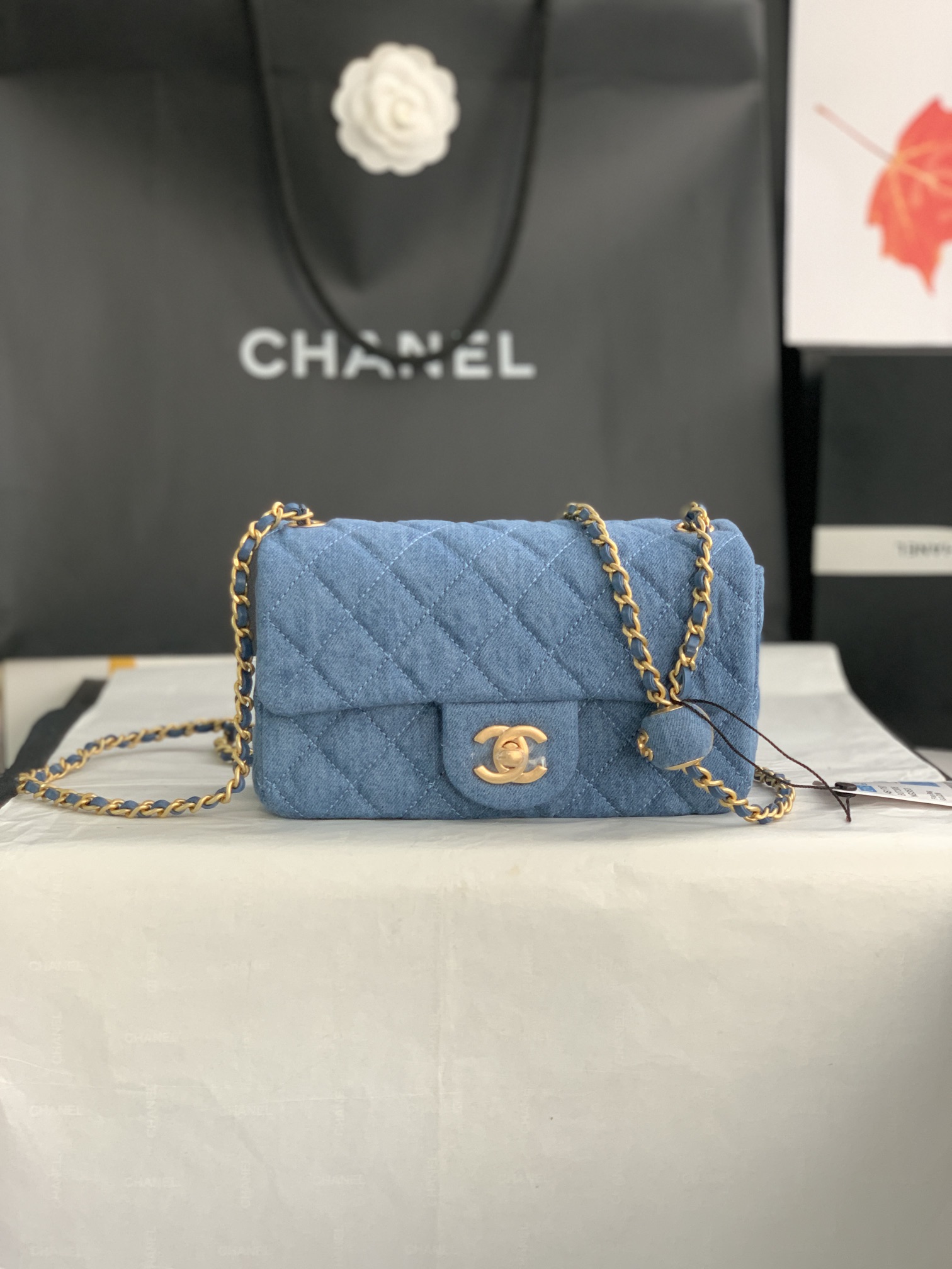 22C Classic Mini Flap Bag (Square) with Adjustable Ball Chain in Washed Denim Blue, Chevron Quilted, Gold-Tone Hardware - Mocuir