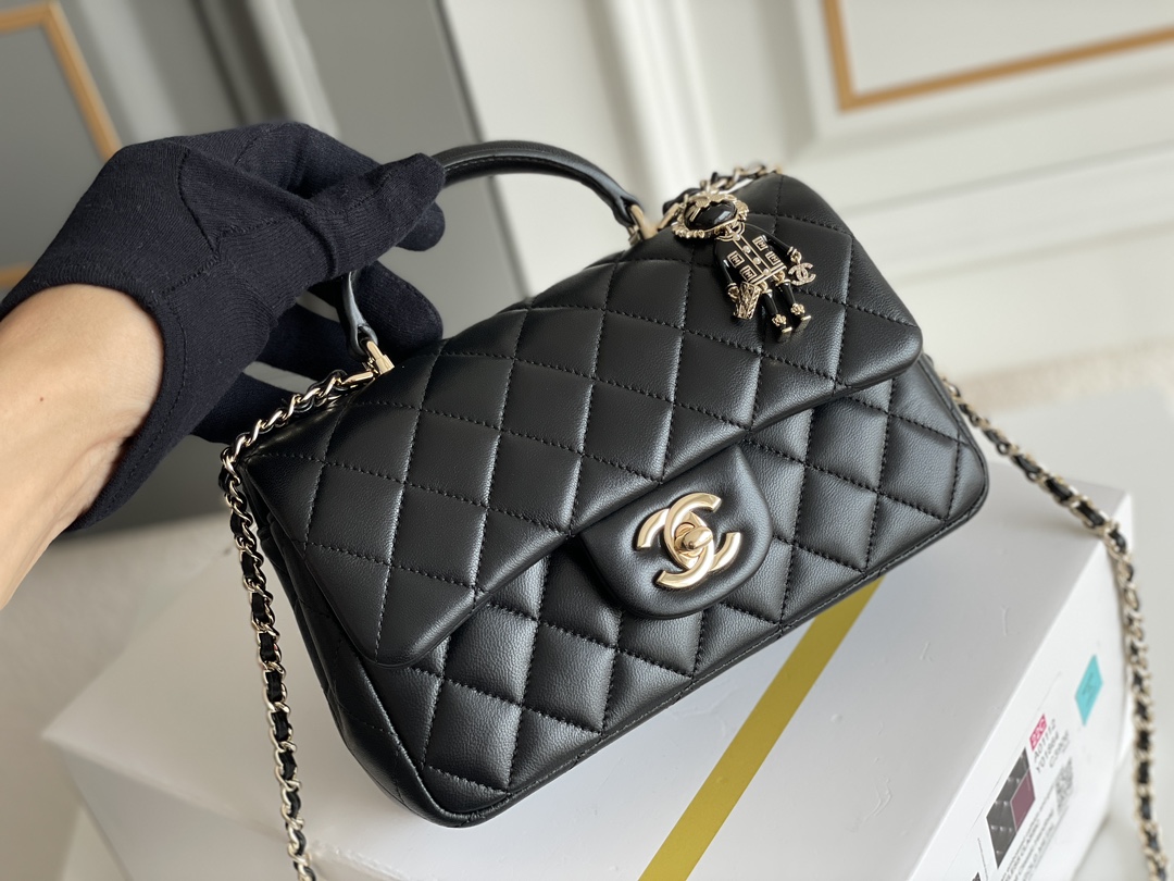 Classic Flap Mini Bag with Top Handle in Black Quilted Grained Lambskin with Gold-Tone Hardware - Mocuir