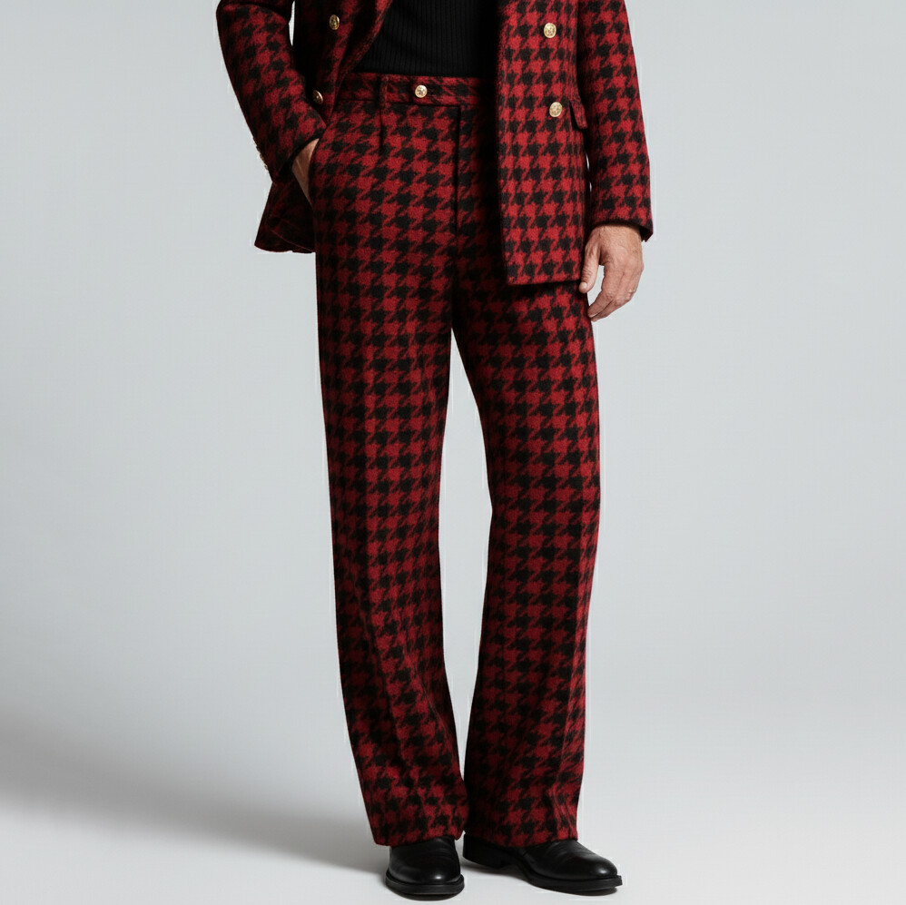 Men's Business Red Houndstooth Pattern Mid Rise Slant Pocket Straight Suit Pants