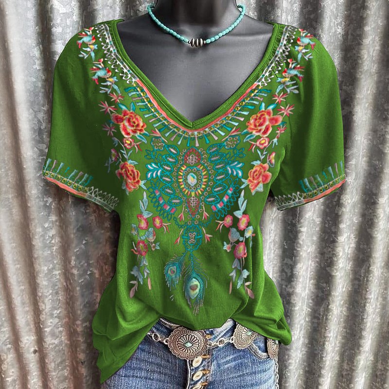 Flower Embroider Women V-collar Casual Tees
