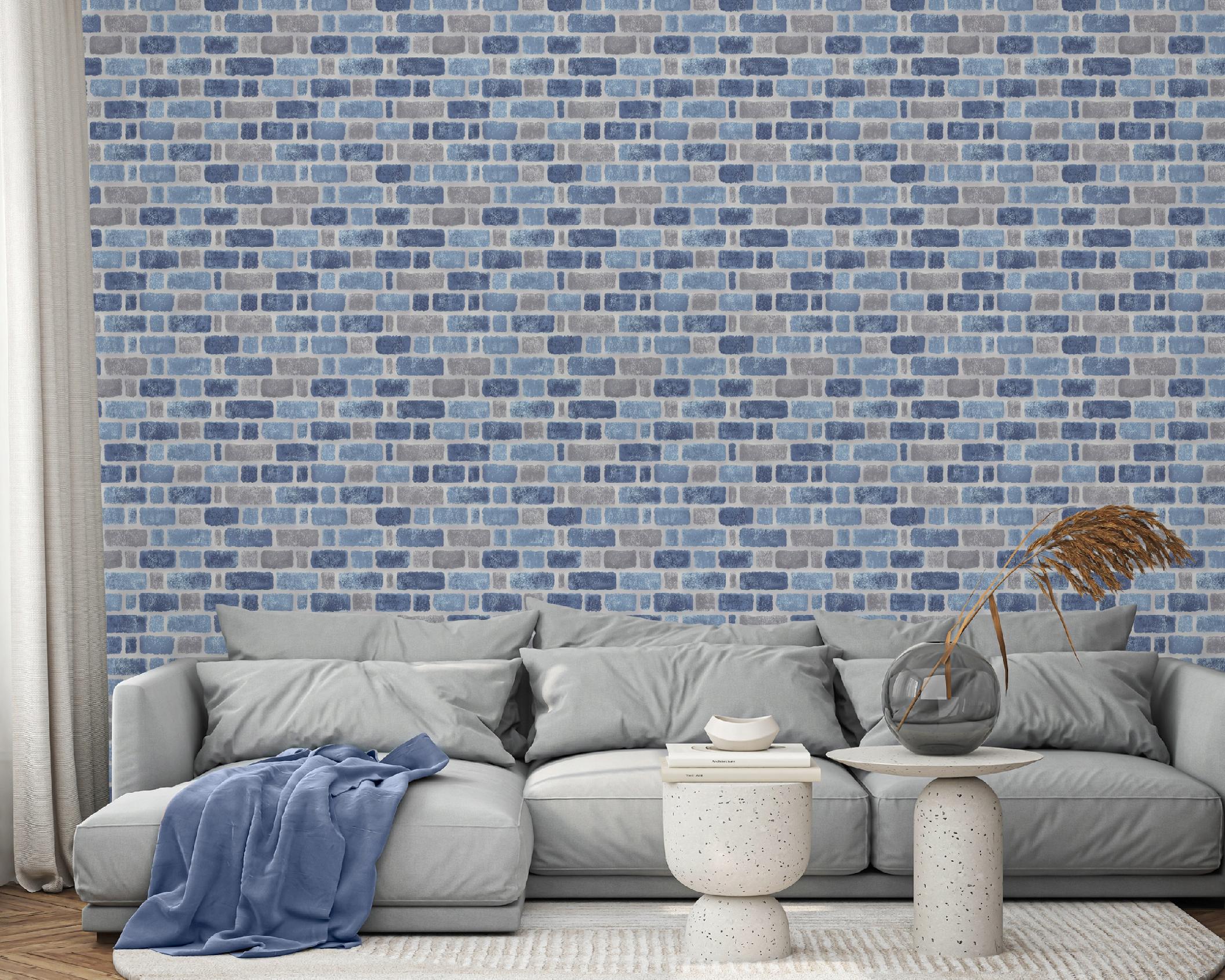Blue faux brick wallpaper on non-woven backing for living room and bedroom walls