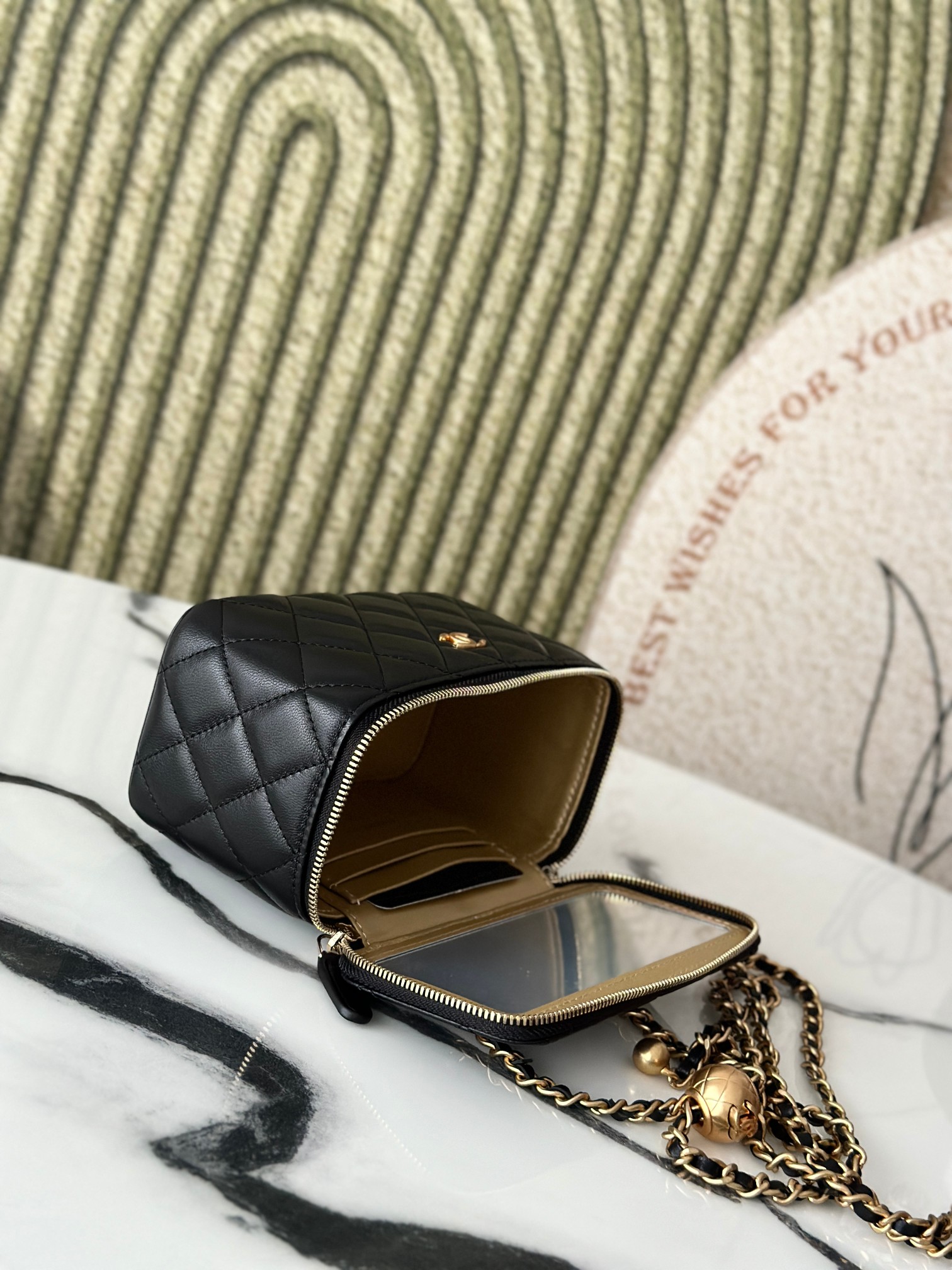 Mini Rectangular Vanity Case with Adjustable Ball Chain in Black Quilted Lambskin with Gold-Tone Hardware - Mocuir