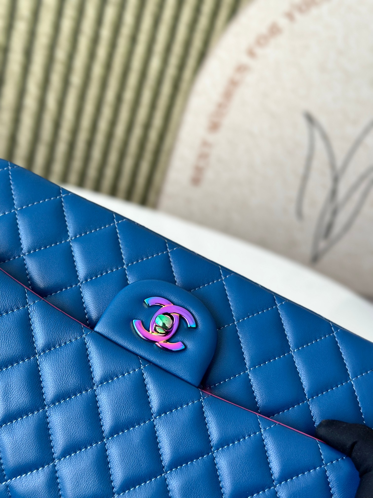 Classic Flap Medium Bag in Electric Blue Lambskin with Iridescent Rainbow Hardware (Model A01112) - Mocuir